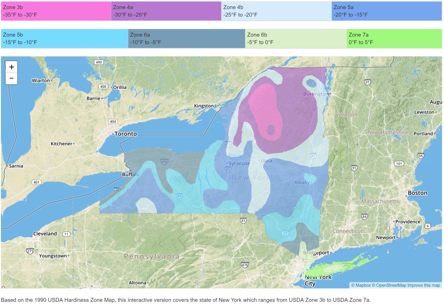 Map of plant hardiness zones in New York State based on the 1990 USDA Hardiness Zone Map