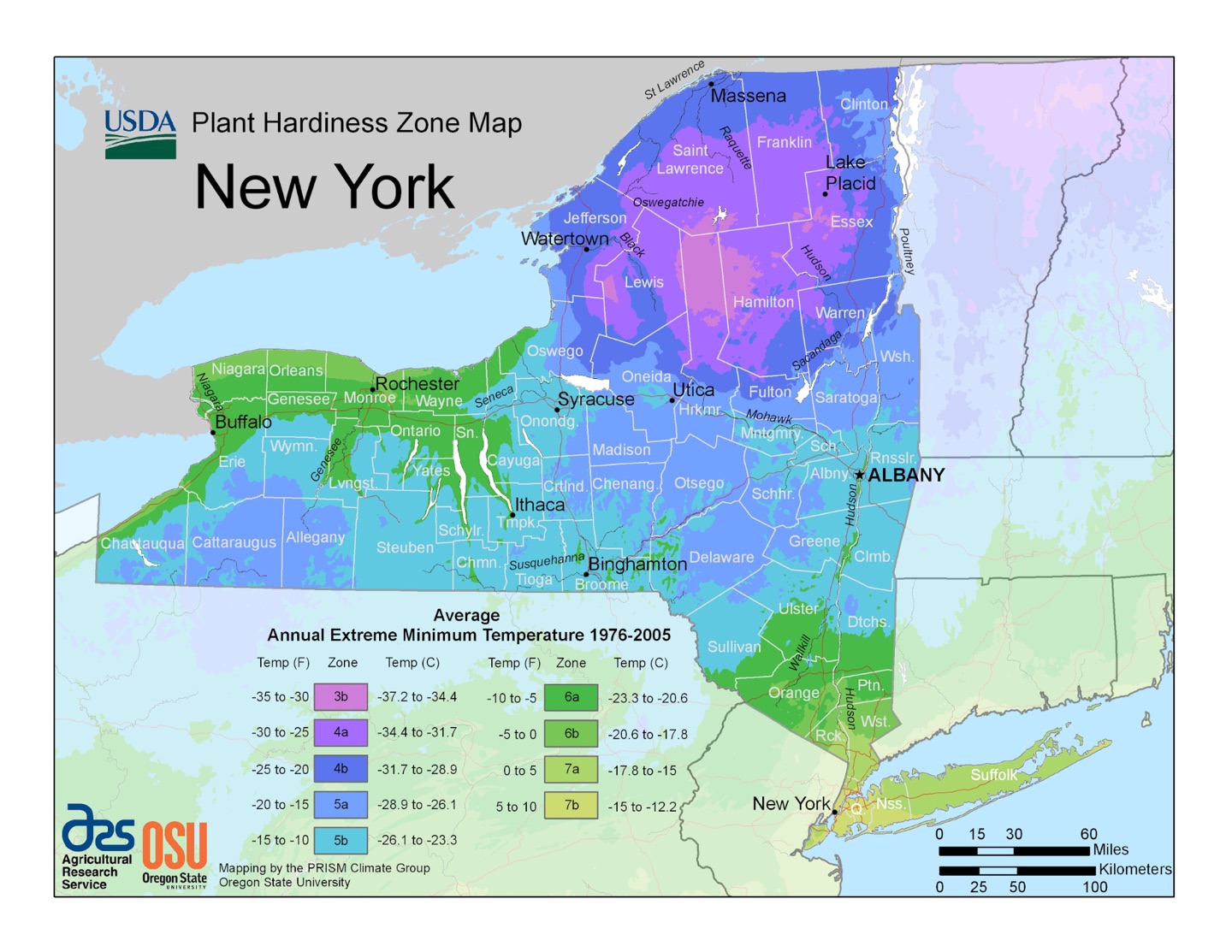 USDA Plant Hardiness Zone Map for New York State, 2012 (1976–2005 average annual extreme minimum temperature)