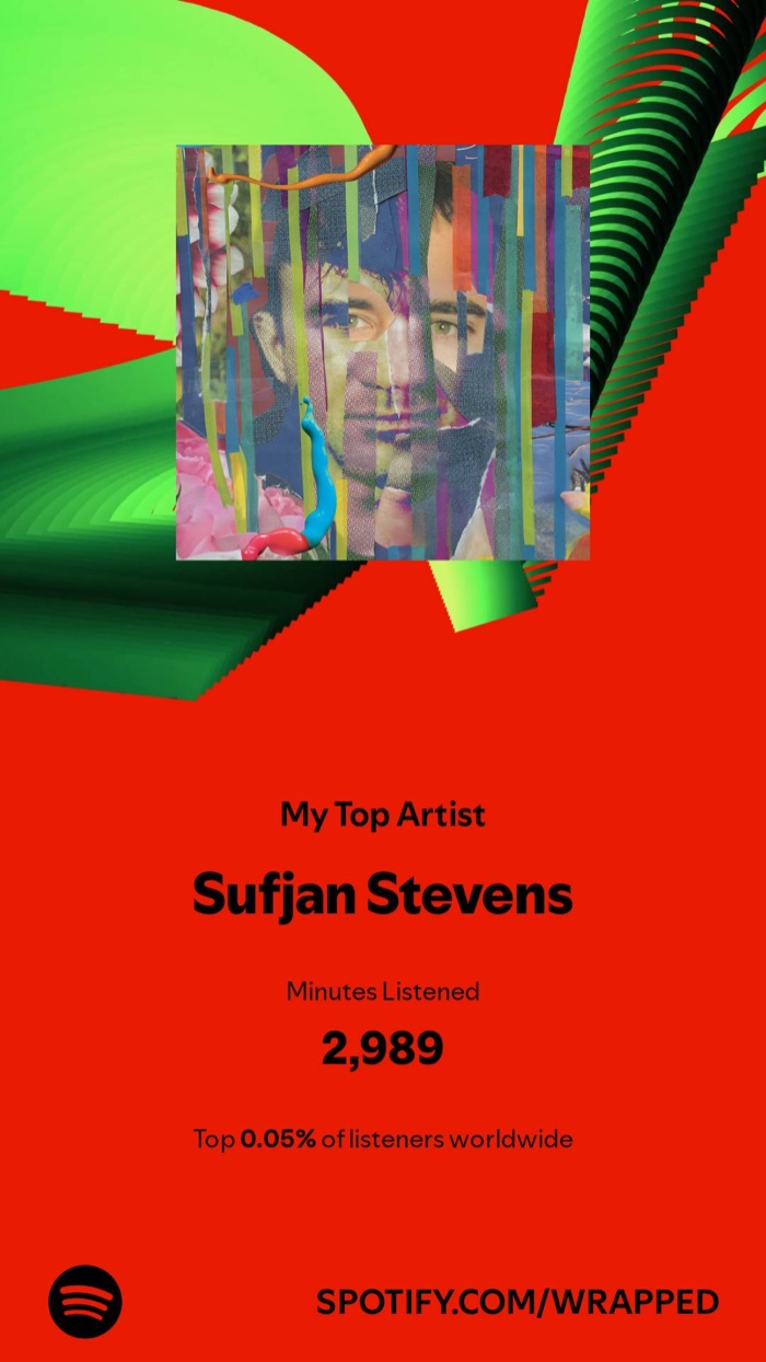 Spotify Wrapped-style graphic showing Sufjan Stevens as my top artist with 2,989 minutes listened